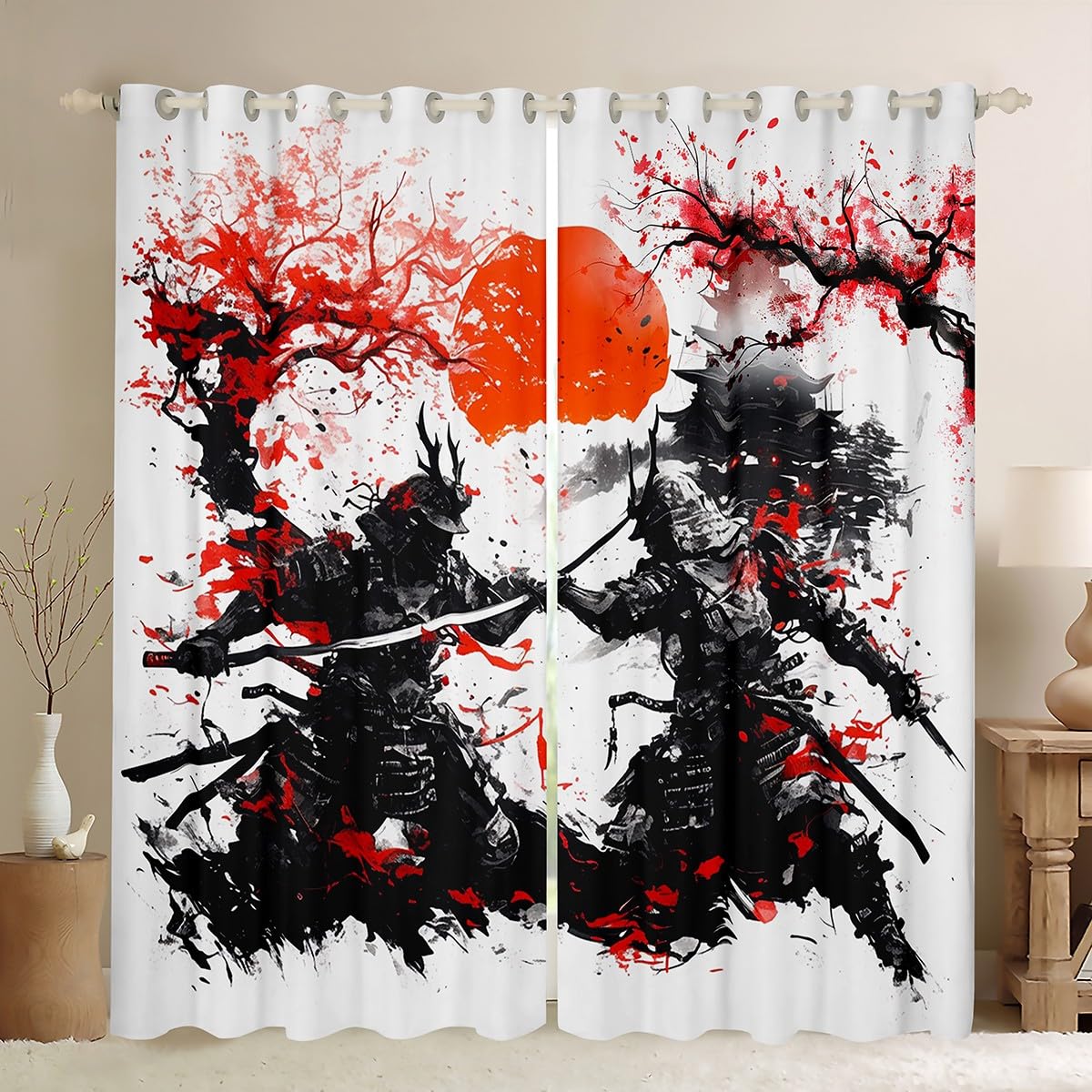 Rideaux de fenêtre samouraï japonais, aquarelle rouge fleurs de cerisier rideaux de décoration d'intérieur, tournesols peinture à l'encre noire, rideaux de fenêtre durables pour enfants