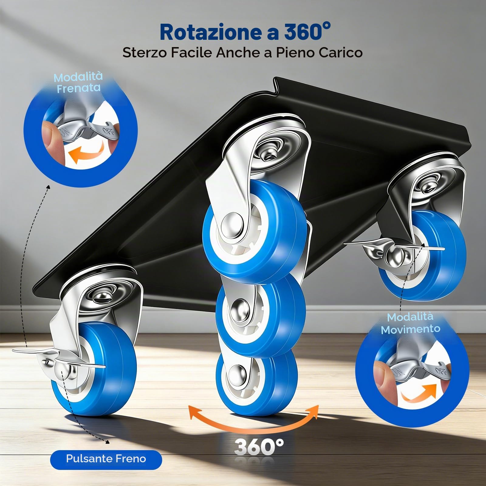 Rotelle per Mobili Pesanti con 5 Ruote in Acciaio, Sollevatore Mobili a Leva, Carrello Sposta Mobili con Freni, Trasporto fino a 1000 kg per Trasloco e Pulizia