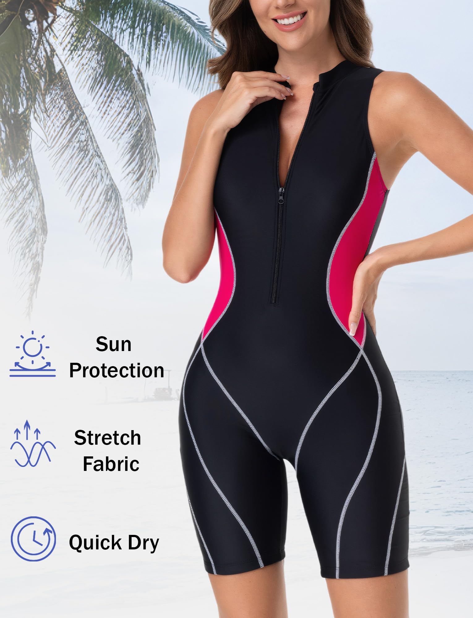 Maeau - Costume da bagno 1 pezzo da donna senza maniche con zip frontale sportivo anti-UV resistente al cloro spiaggia piscina XS-XXL