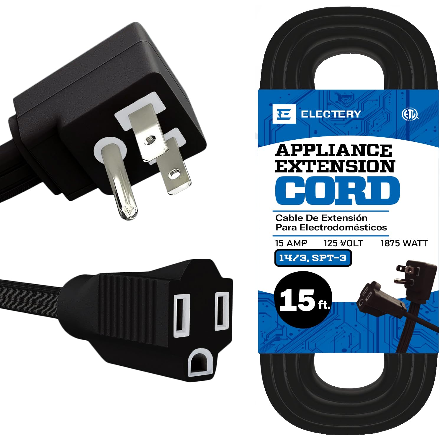 ELECTERY 15 ft Heavy Duty Appliance Extension Cord, 14 AWG, 15A 125V 1875W, 3 Prong Flat Plug, ETL Listed, Short Power Extension Cable for Air