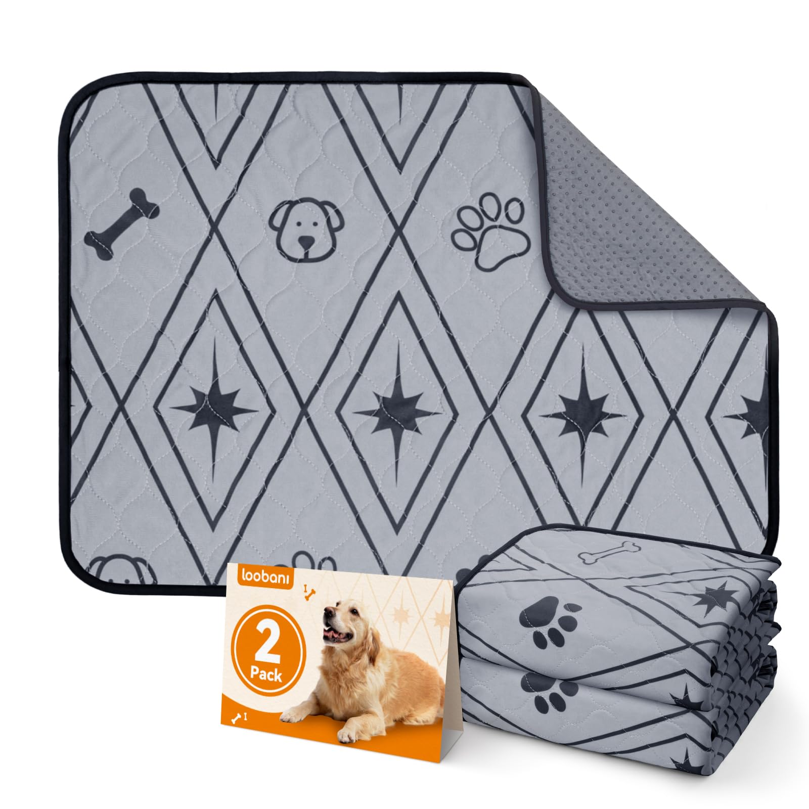 LOOBANI Washable Puppy Pads, 2 Pack Super Absorbent Leak-Proof Reusable Puppy Pads, Non-Slip Dog Training Mats