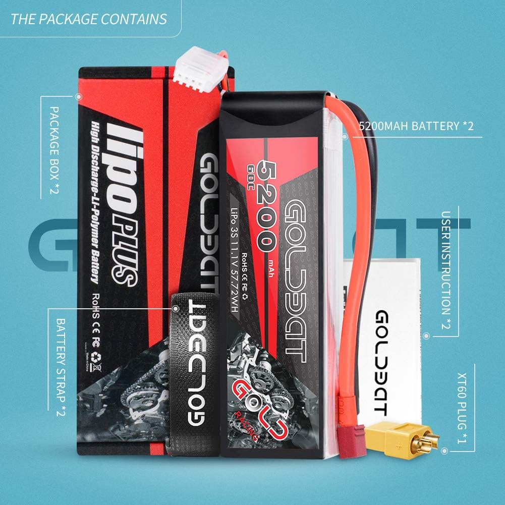 GOLDBAT LiPo RC Battery 5200mAh 3S 60C 11.1V LiPo RC Short Battery with T Connector Softcase Pack for RC Car Truck Quadcopter Airplane Helicopter Boat (2 Packs)