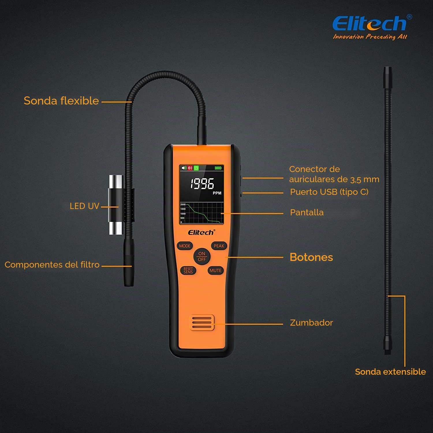 Elitech Detector de Fugas de Gas Refrigerante por Infrarrojos PPM, Detector de Fugas HVAC con posicionamiento Fijo, Viene con función de aplicación y actualización OTA.