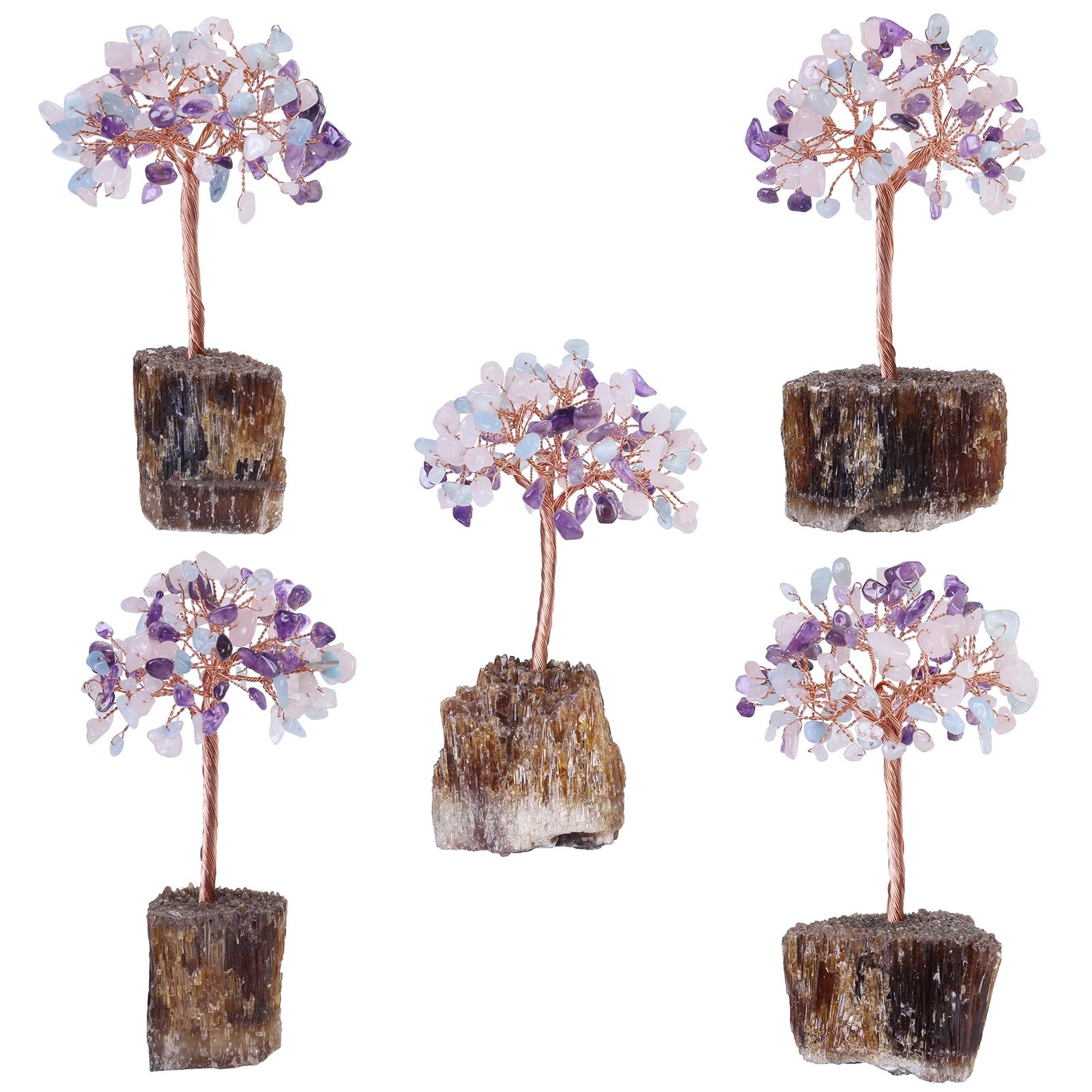 mookaitedecor Amethyst & Rose Quartz & Aquamarine Healing Crystal Tree on Amber Calcite Cluster Base Feng Shui Money Tree Ornament for Home Semi Precious Gemstone Bonsai Tree Gift Reiki Room Decor - Image 3