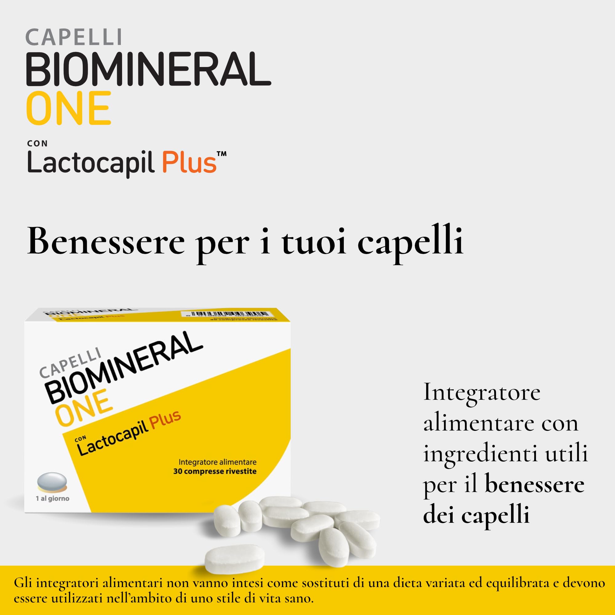 Biomineral One Capelli Più Forti, Valuminosi e Spessi, 60 Compresse, Integratore per Capelli a Base di Lactocapil Plus con Biotina, Vitamina D, Acido Linoleico e Taurina, 2 Confezioni da 30 Compresse