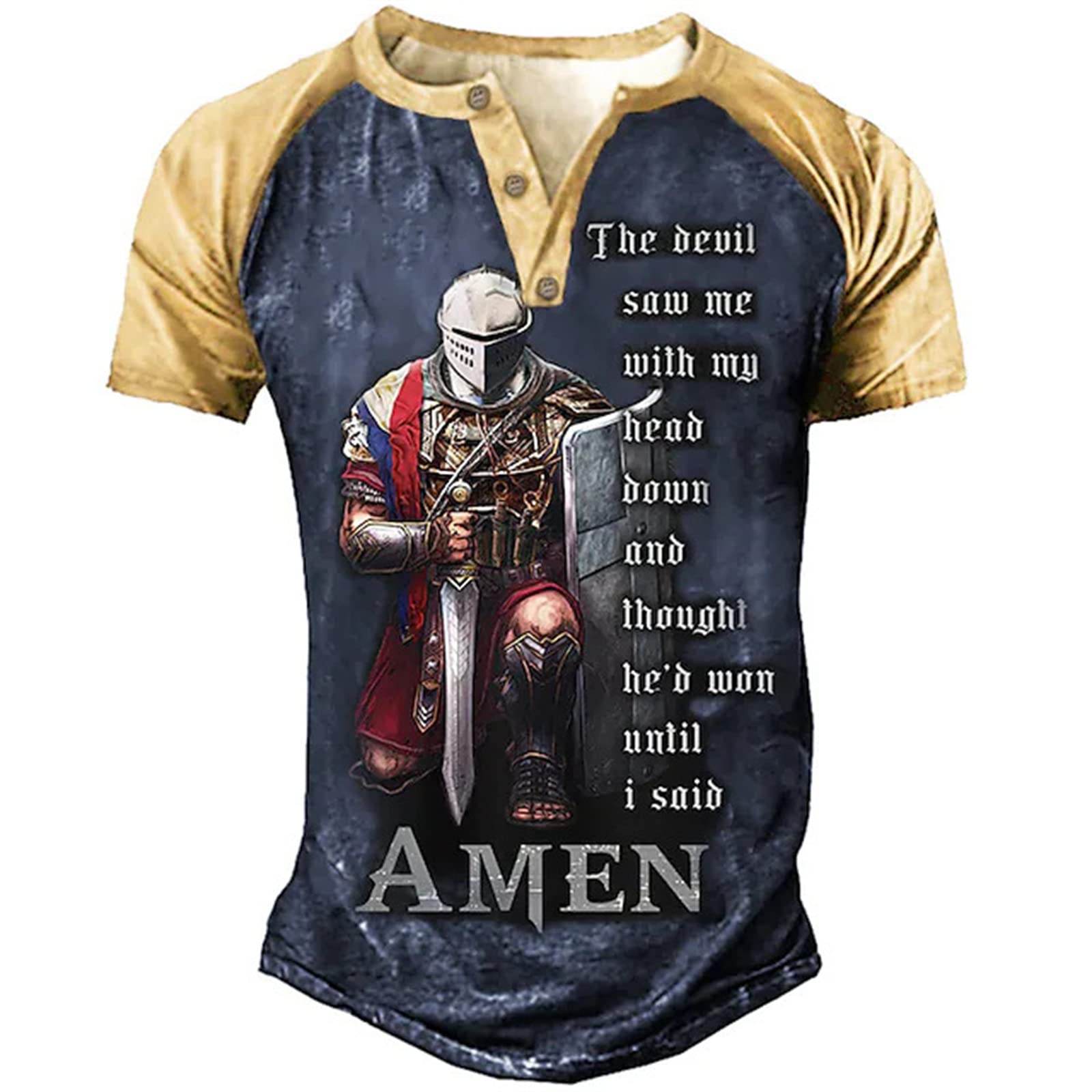 Keephen Men's # 1 Knight Templar T Shirts 3D Printed Short Sleeve Distressed Henley Shirt Vintage Outdoor Sports Tactical Henley T Shirt