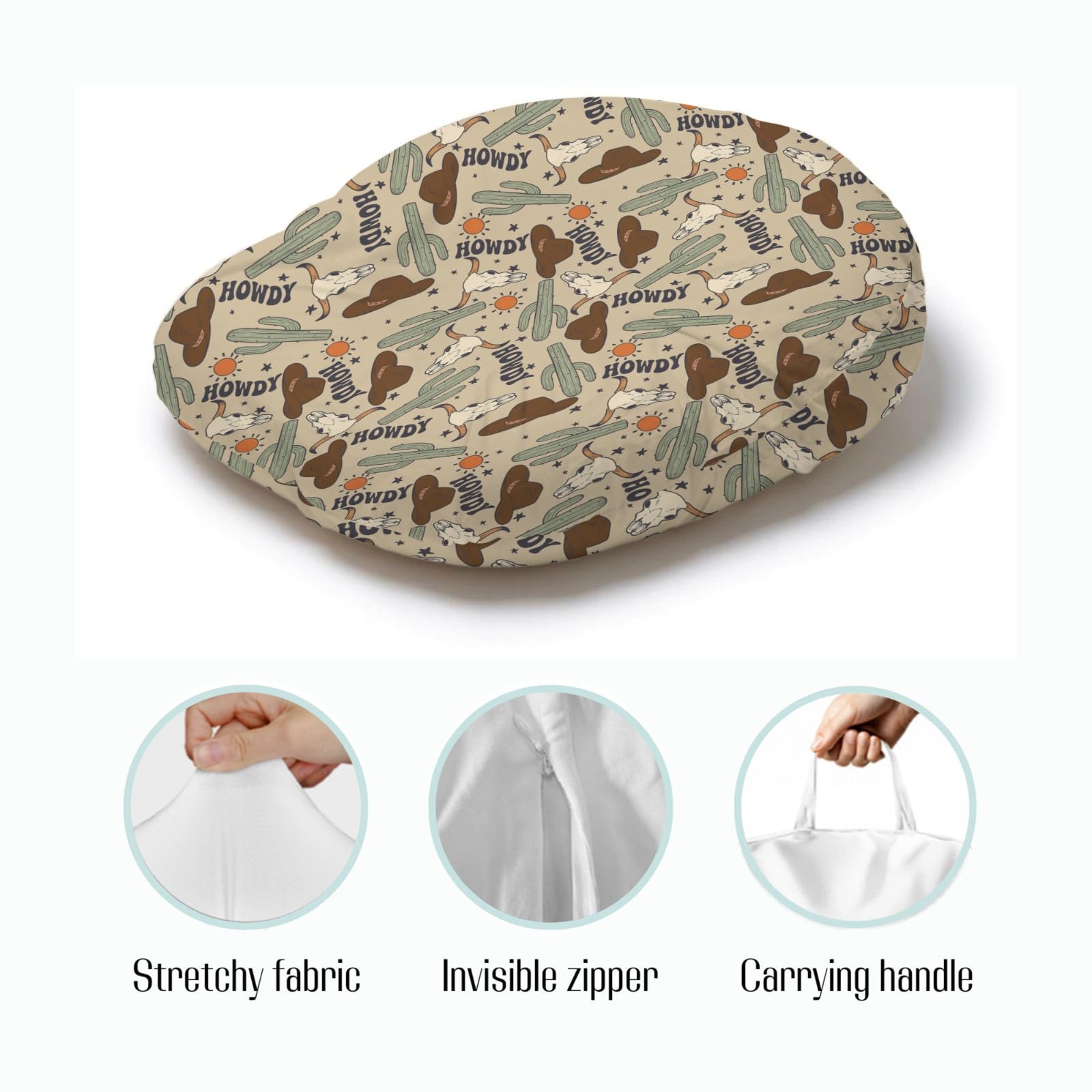 EyMzcod Newborn Lounger Pillow Cover Boho Western Cowboy Howdy Cactus, Wild West Hat Boots Cow Baby Boys Shower Gift Removable Slipcover, Soft Snug Fit Infant Nursing Pillowcase (Lounger Not Included)