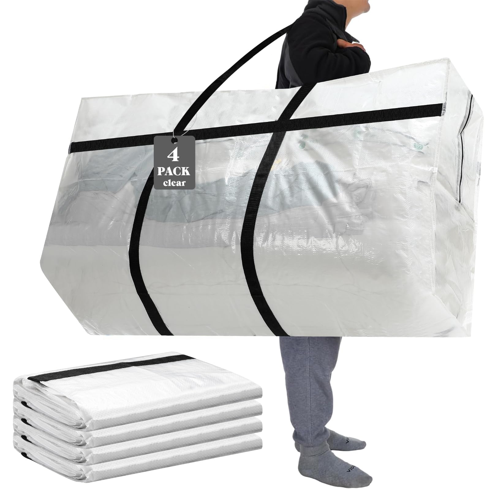 4 Pcs 96 Gallon Extra Large Moving Bags Heavy Duty Storage Bag with Strong Zipper Handle Foldable XXL