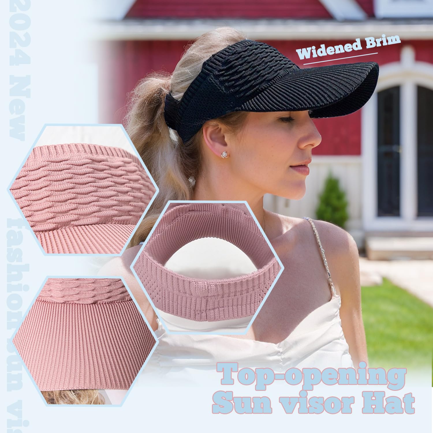 Sombreros de visera para el sol, sombreros de ala ancha con protección UV, viseras de punto para correr para mujer, aptas para cola de caballo, de secado rápido
