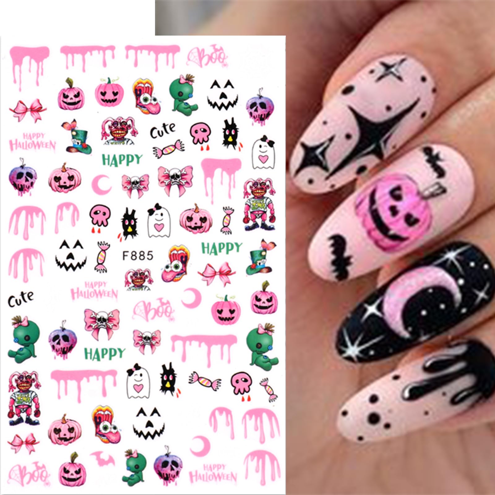 YOSOMK 3D Halloween Nail Art Sticker Decals Pink Ghost Skull Spider Pumpkin Nail Decals Self-Adhesive Nail Art Supplies Accessories for Halloween Party Nail Decoration DIY Design (8 Sheets)