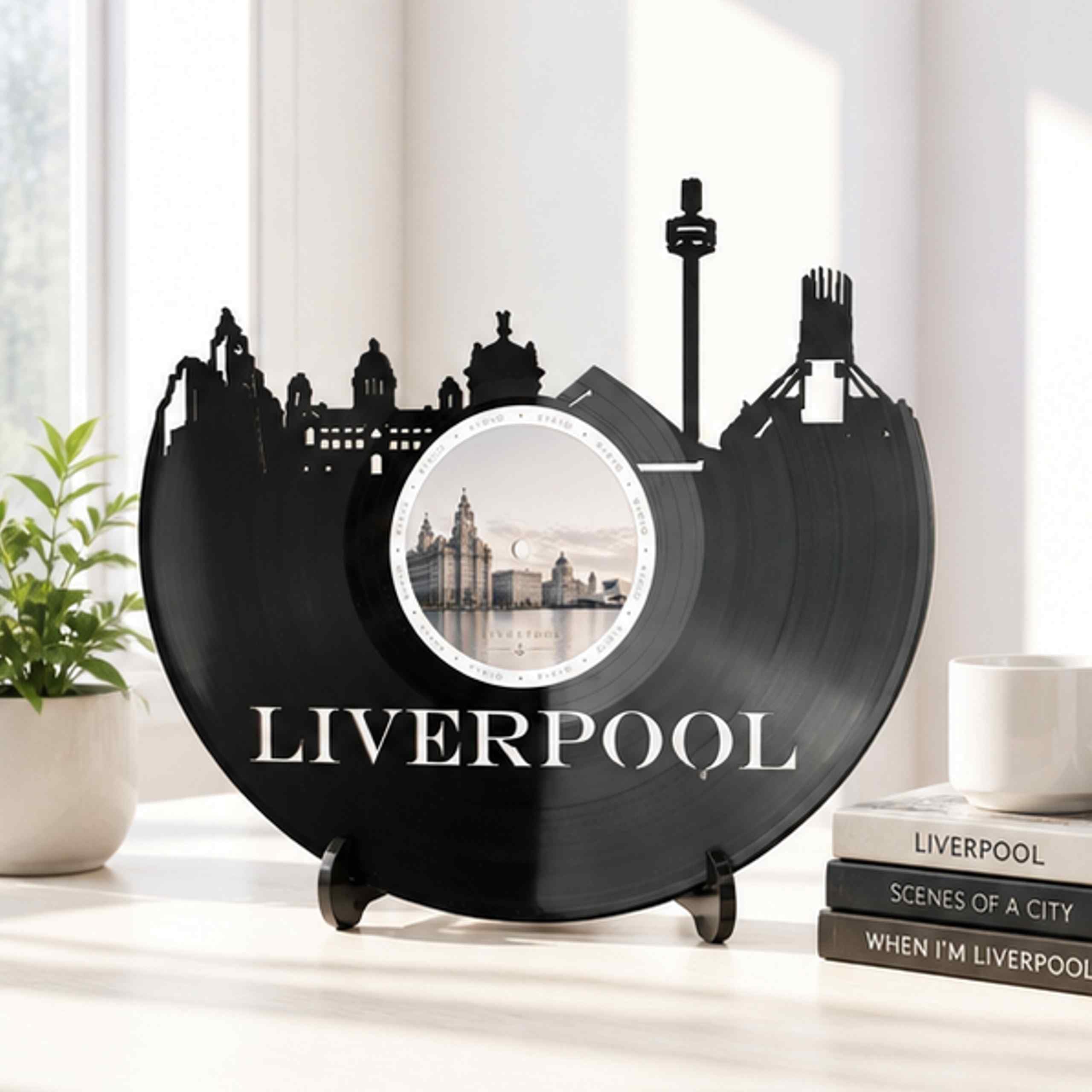 EVEVO Decorazione da parete a forma di disco Liverpool, in vinile, motivo skyline dell'Inghilterra, regalo per gli appassionati di Liverpool, amanti della musica, appassionati di calcio, D0012