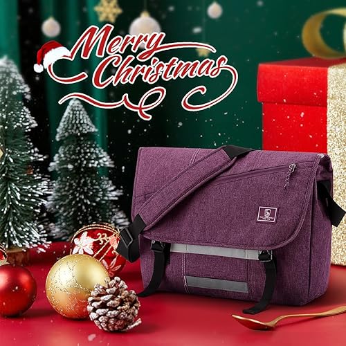 Miniatura 7 de OIWAS Bolsa de mensajero para mujer, lona de 14 y 15.6 pulgadas, maletín para computadora portátil, mochila escolar para hombre, Morado, 14 pulgadas