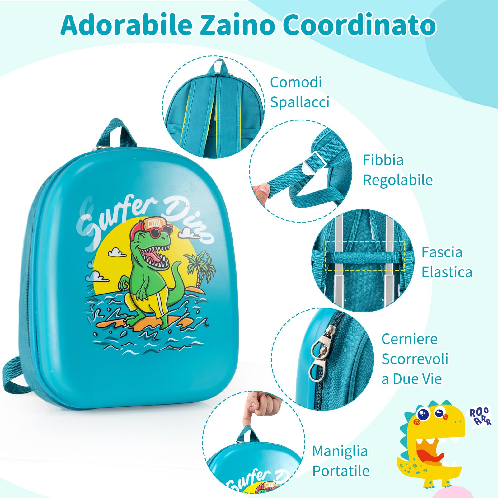 GYMAX 2 Pezzi Set Valigia per Bambini con Zaino, Trolley per Bambini con Ruote, Maniglia Telescopica, Valigia Leggera a Mano, Bagaglio per Aereo, Valigia per Ragazzi e Ragazze (Dinosauro)