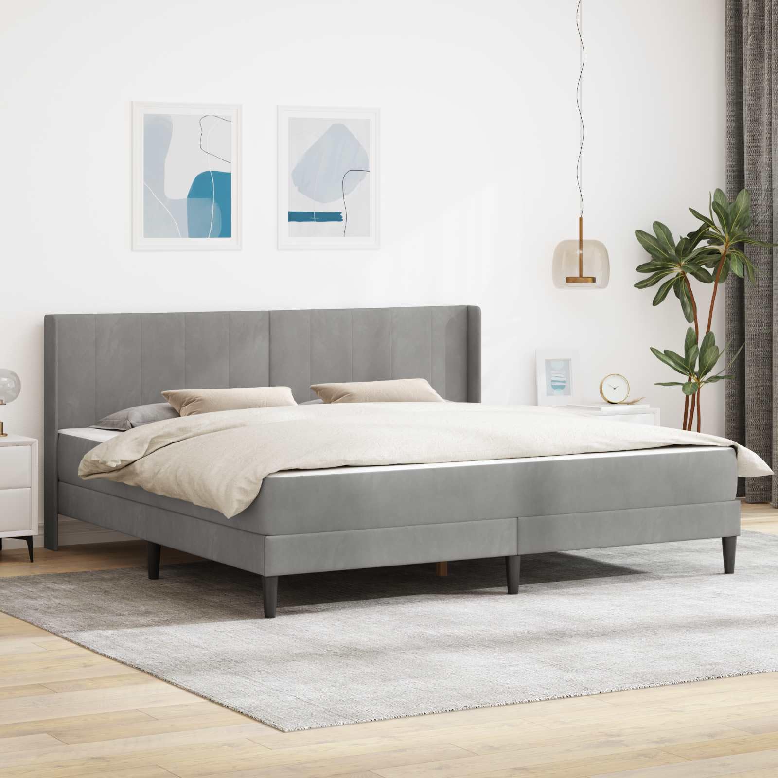 Rama łóżka z materacem, jasnoszara, 180 x 200 cm, aksamitna rama drewniana, stabilny stelaż, wygodne sprężyny kieszeniowe, ergonomiczne wzornictwo, do sypialni i łóżka dla gości
