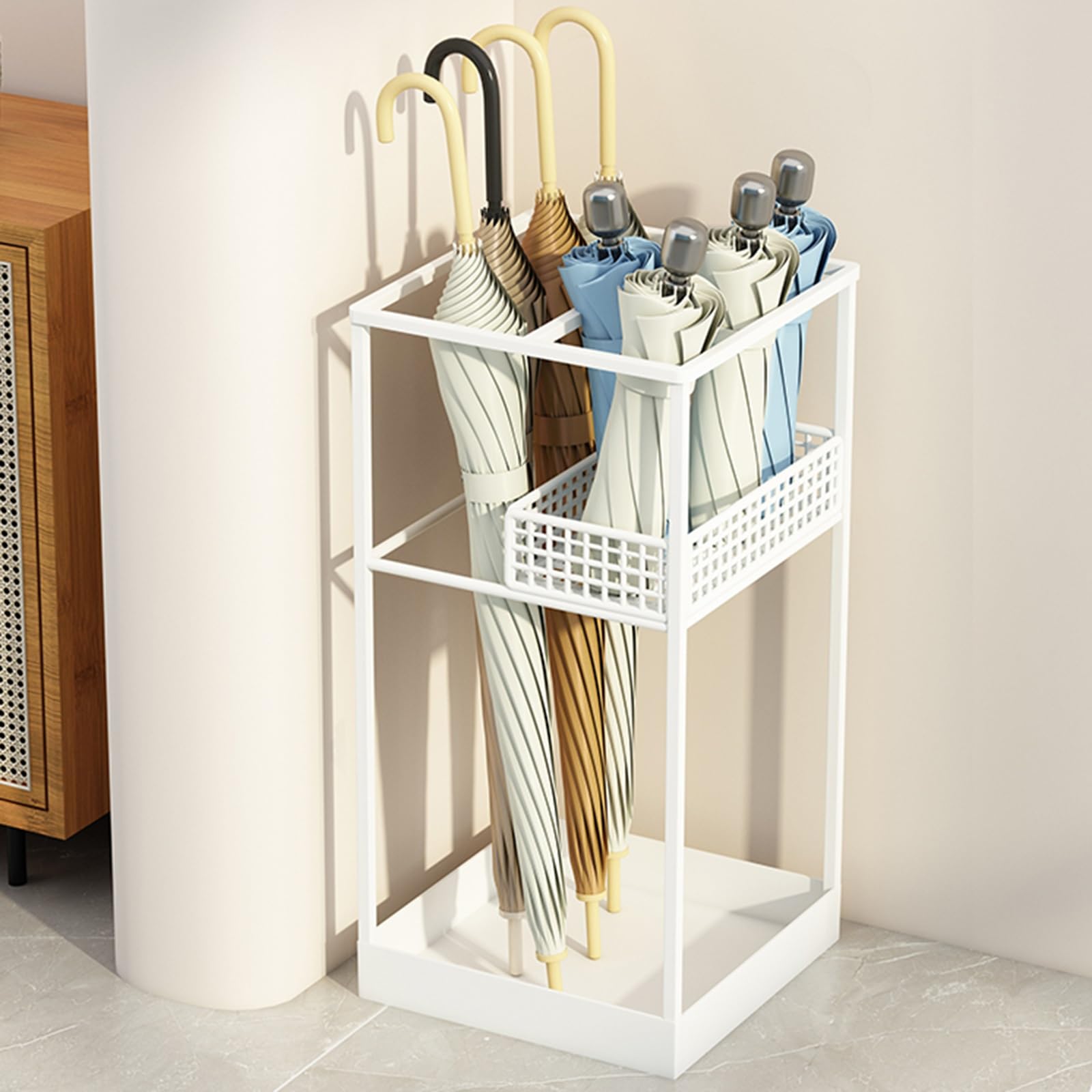 SaryEdge Commercial-Grade Indoor Umbrella Stand with Removable Drip Tray, Ideal for Entryways and Corridors,White,White