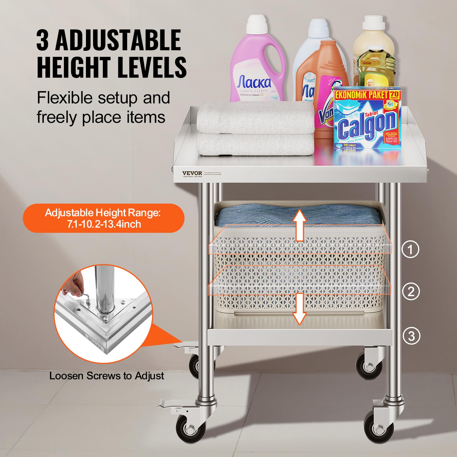VEVOR Trabajo de Acero Inoxidable Mesa Comercial para Preparación de Alimentos con 4 Ruedas Salpicadero de 3 Lados 610x610x762 mm para Restaurante