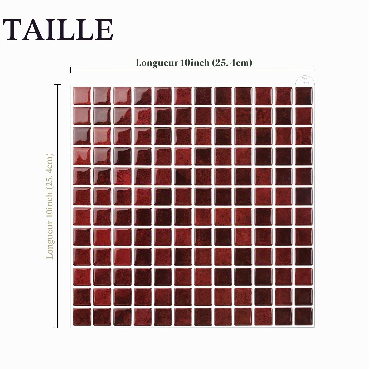 Alwayspon Lot de 10 autocollants muraux en vinyle mosaïque 3D imperméables à coller sur mur de cuisine, salle de bain, 25,4 x 25,4 x 25,4 cm (rouge rétro)