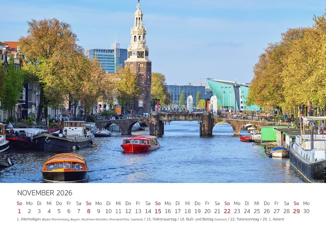 Edition Seidel Kalendarz premium Amsterdam na rok 2026, format DIN A4, kalendarz ścienny, Europa, Holandia, tulipany, kanały, mosty metropolia, panoramę