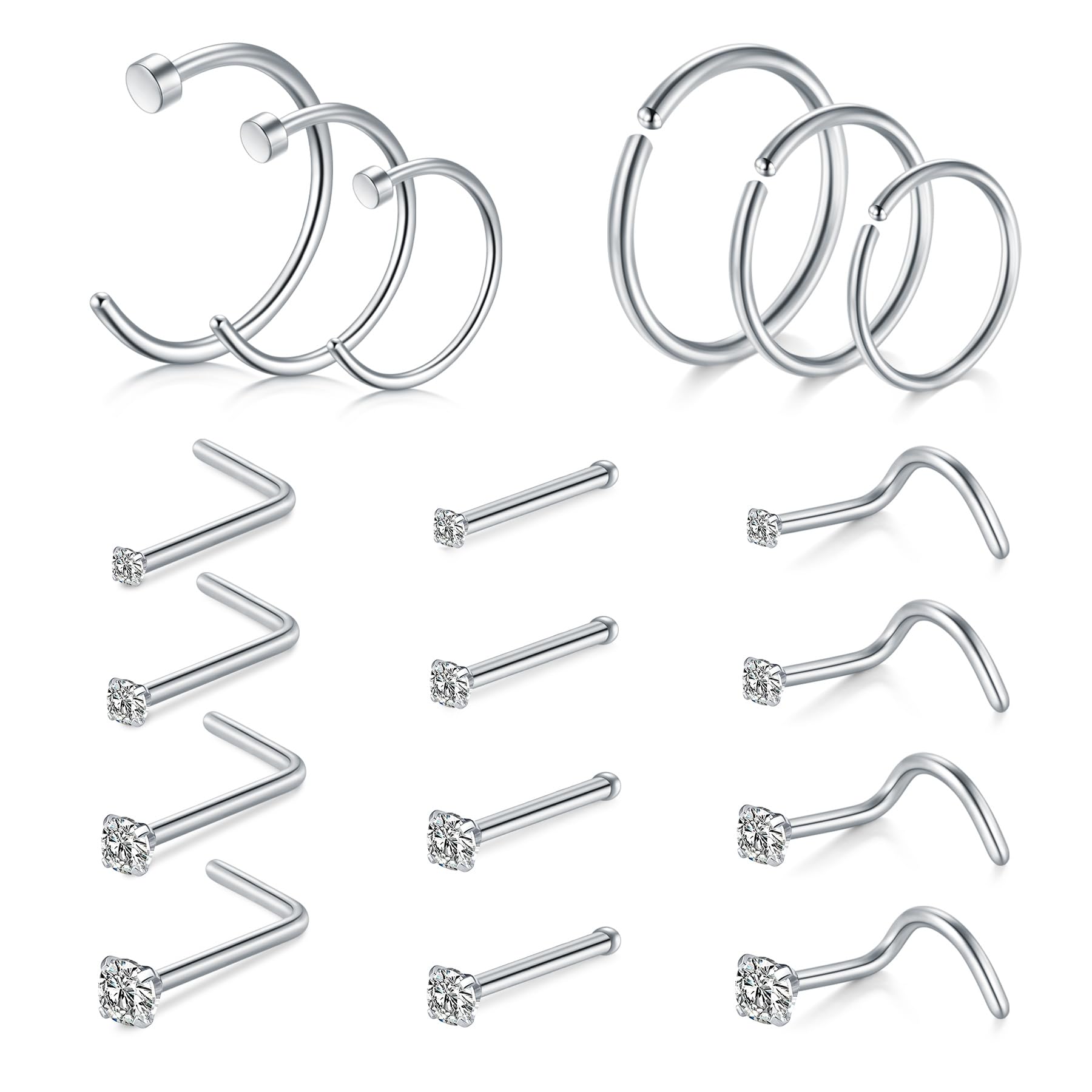 AVYRING Nose Rings Hypoallergenic Stainless Steel L-Shaped Nose Stud Screws with Cubic Zirconia Nose Piercing Jewellery 22G 20G 18G, Pack of 18 Pieces or 24 Pieces — view 15