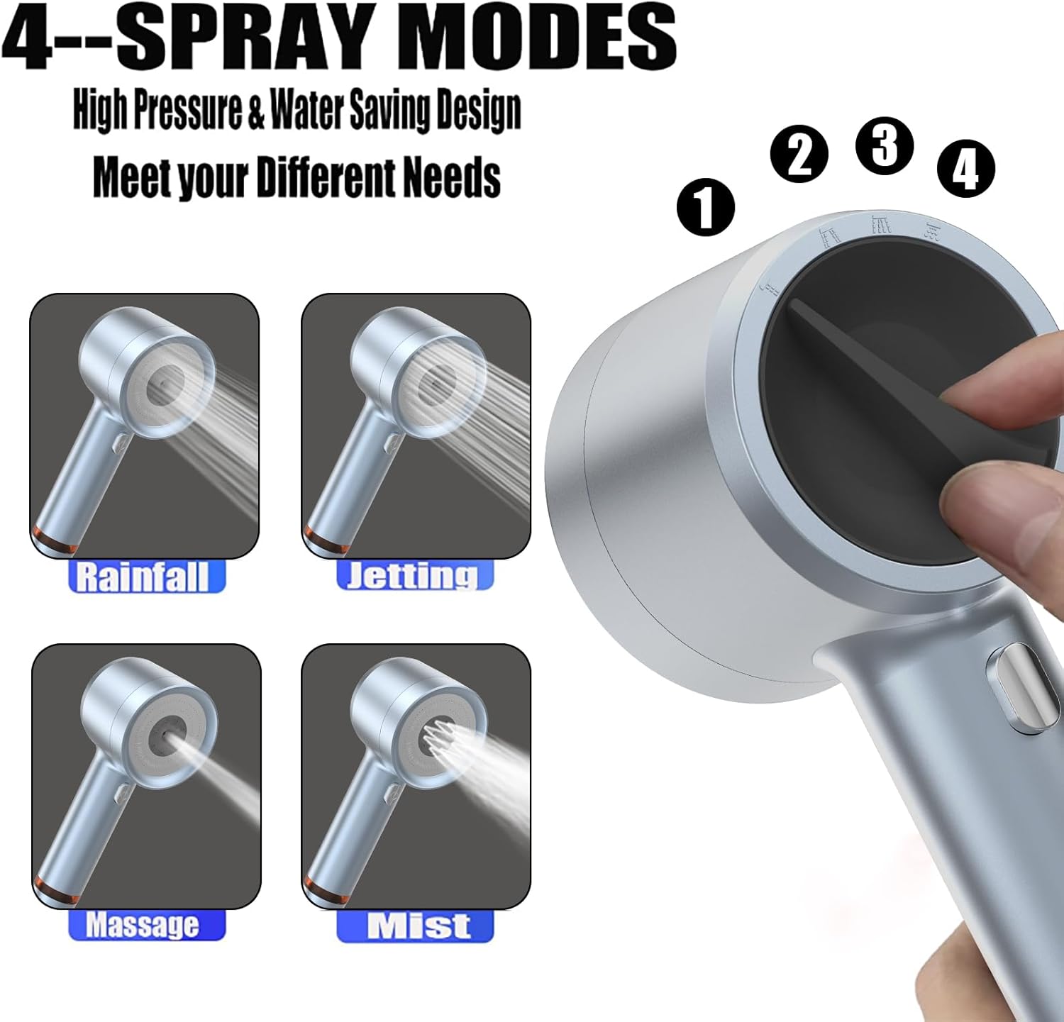 High Pressure Shower Head with Handheld, with Pause Switch 4 Spray Modes Water Saving Showerhead,Showerhead Set with Hose, Bracket and Cotton Filter, (blue)