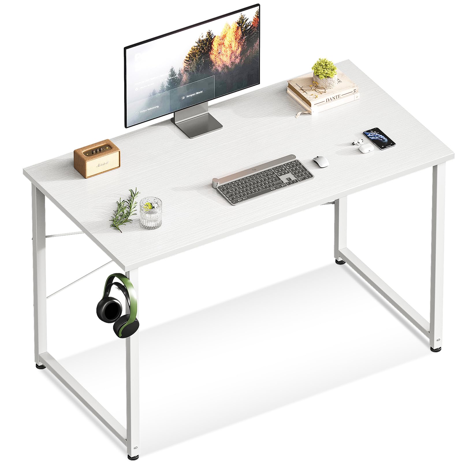 ODK40 Inches Small Computer Desk, Home Office Desk for Small Spaces, Writing Desk with Headphone Hooks, White