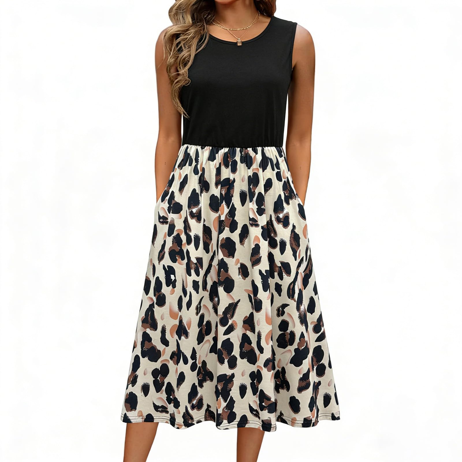 Vestidos Verano Mujer Sin Mangas Cuello Redondo Floral LíNea A LíNea Midi Swing Playa Vestido con Bolsillos