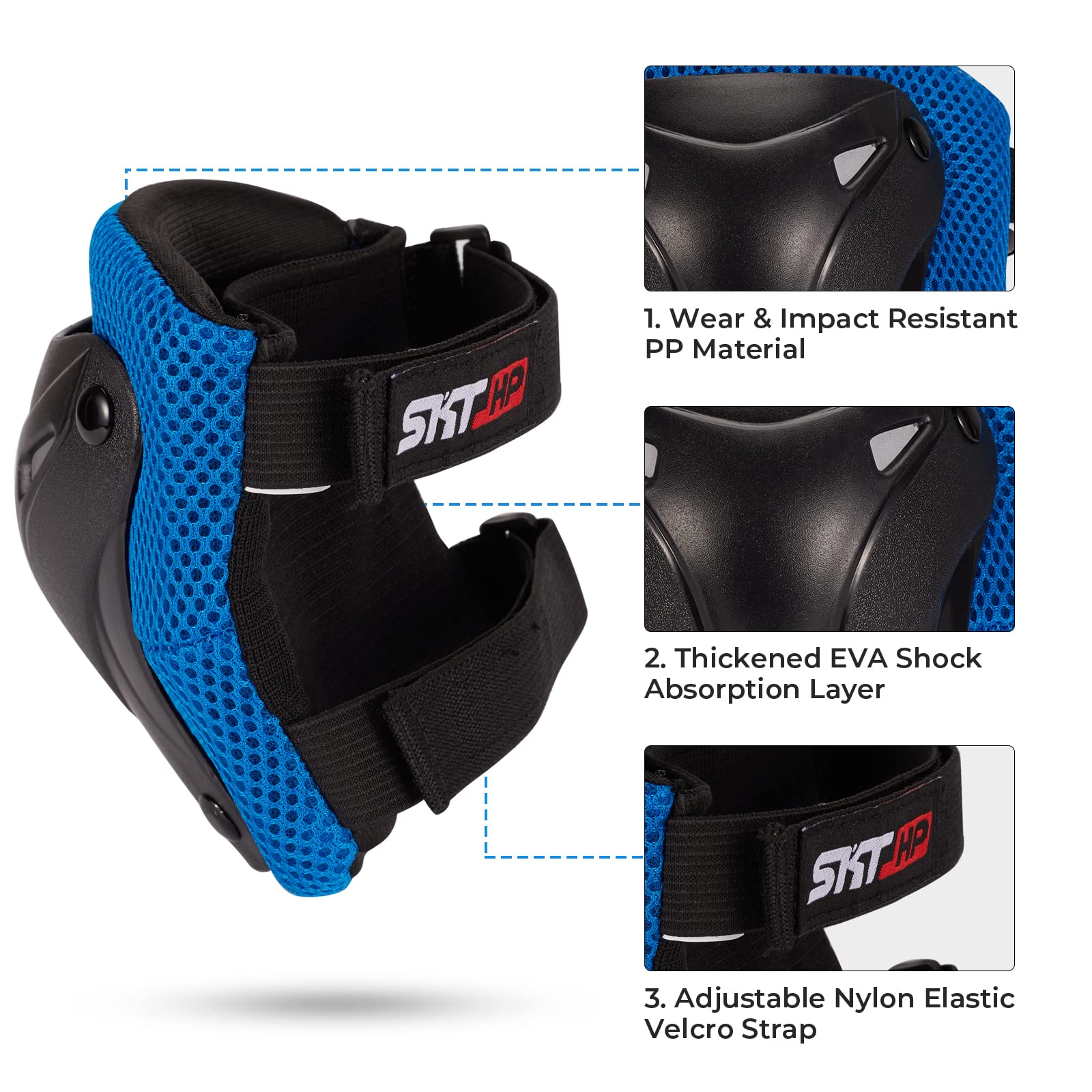 SKT HP Equipo de protección para adultos, rodilleras, coderas, muñequeras para patinaje en línea, ciclismo, patineta (azul)