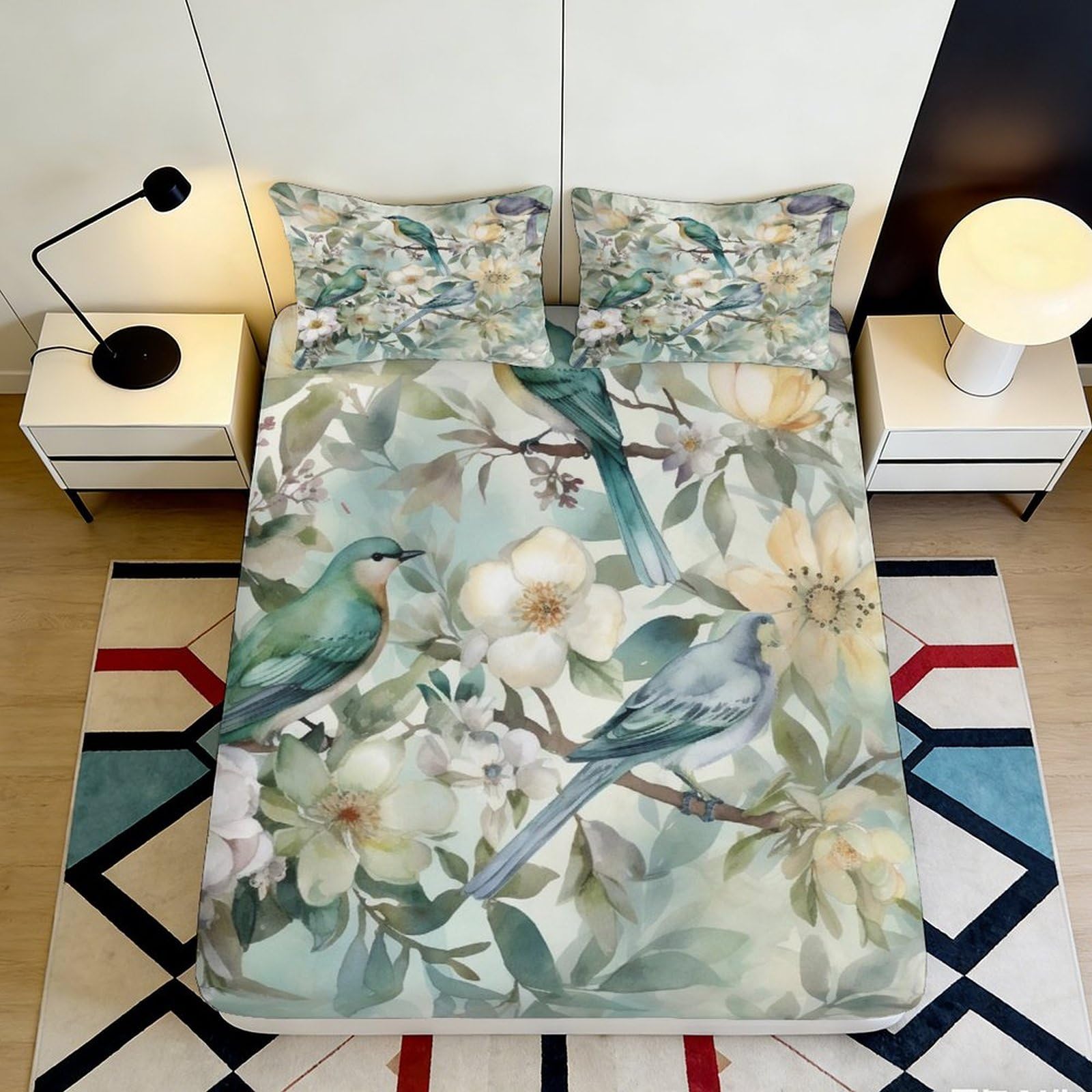3D Printed Forest Bird Floral Fitted Sheet Microfiber Non-Slip Deep Pocket Bedroom Bedding Forest Bird Floral Mattress Fitted Cover 90x200x25cm