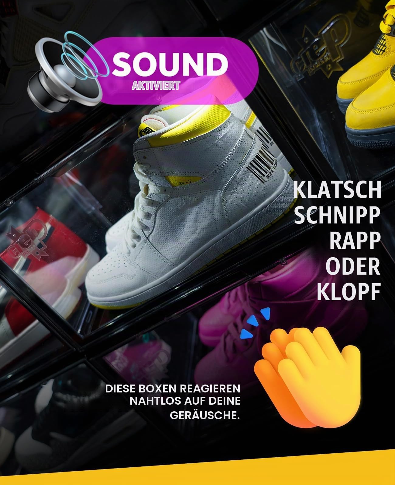 Crep Protect Transparente Schuhbox mit LED - Crates 3.0 Stapelbare Sneaker Aufbewahrungsbox mit Magnetischer Frontklappe, Schuh Organizer & Display Box, UV-Schutz, Für High-Tops bis EU 47