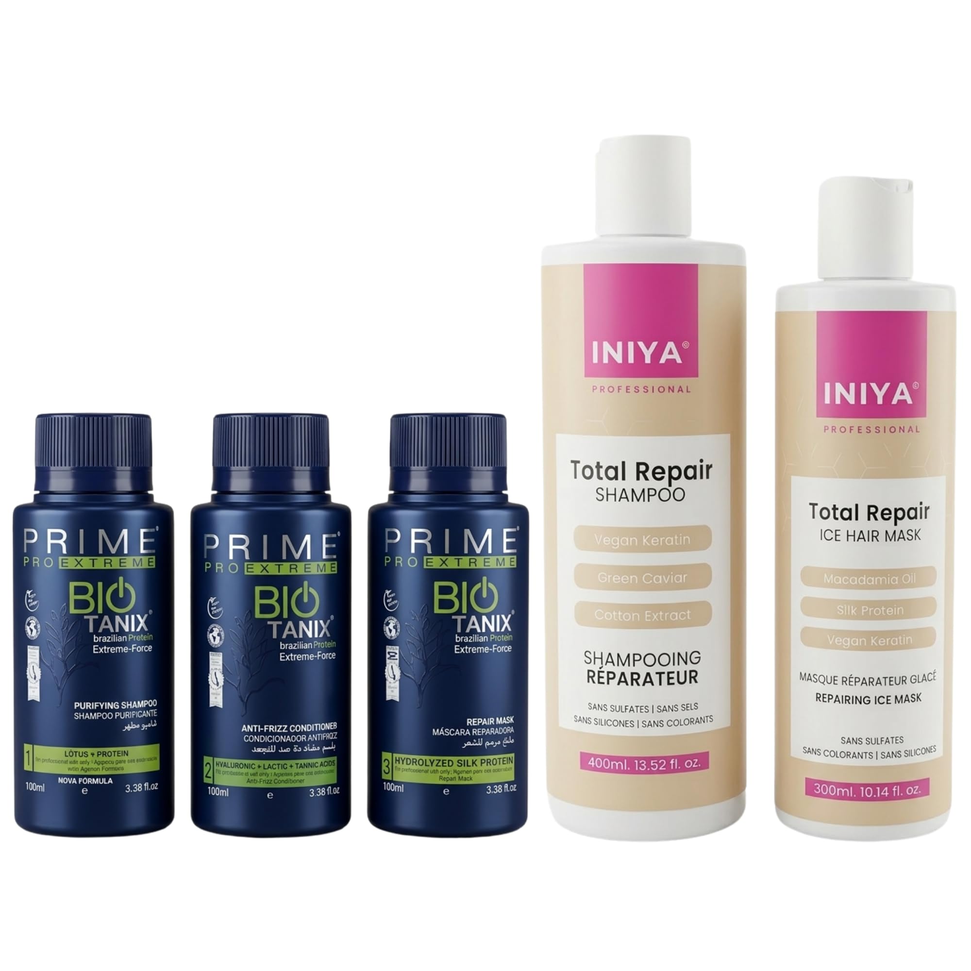 Prime Pro Extreme Bio Tanix Kit 3 X 100ml | Kit Lissage Tanin Taninoplastie Professionnel | Shampooing Sans Sulfate Iniya 400ml + Masque Lissant 400ml