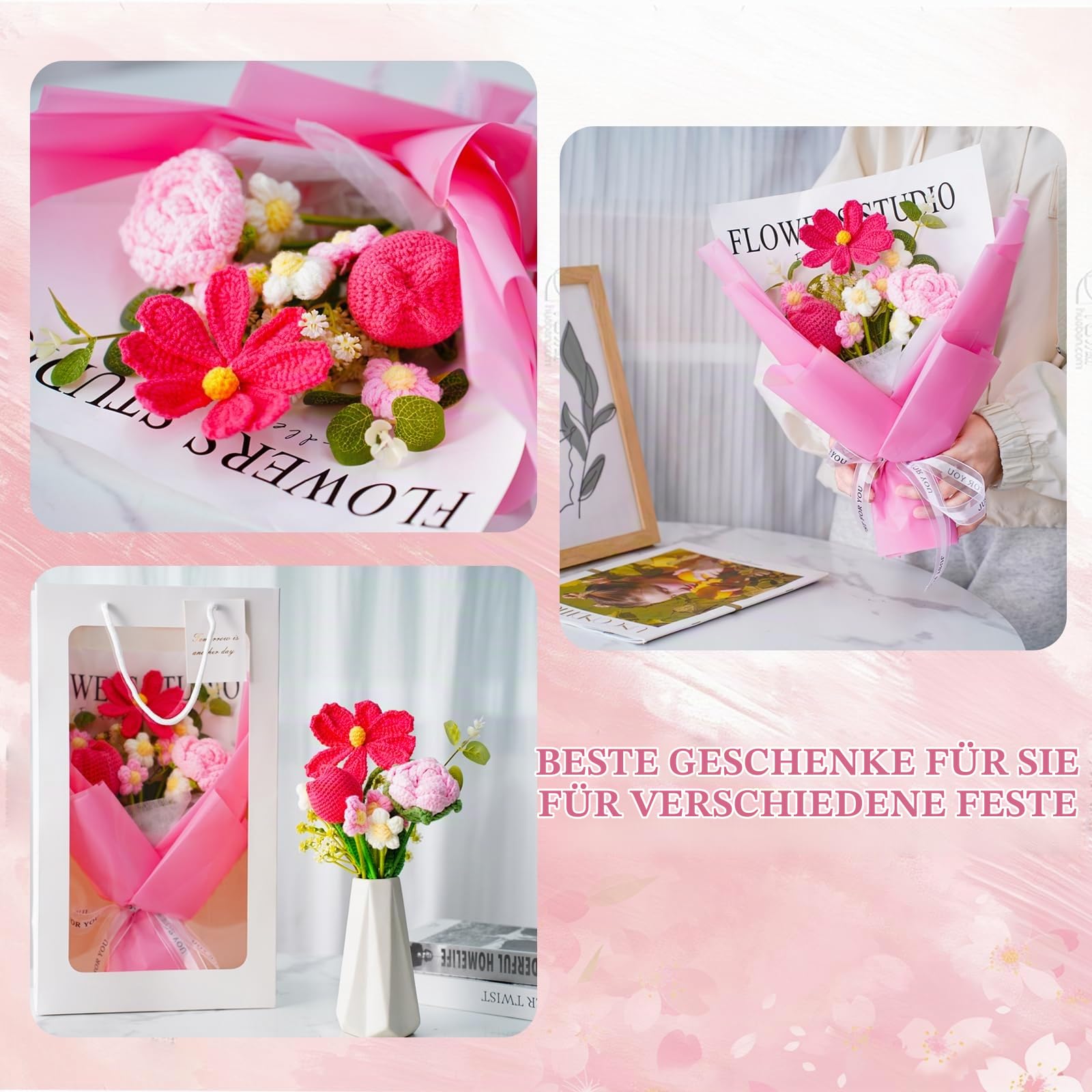 Gehäkelter Blumenstrauß in Rosa, Handgemachte Künstliche Blumen, Allergikerfreundliche Frühlingsdeko & Ästhetische Raumdeko