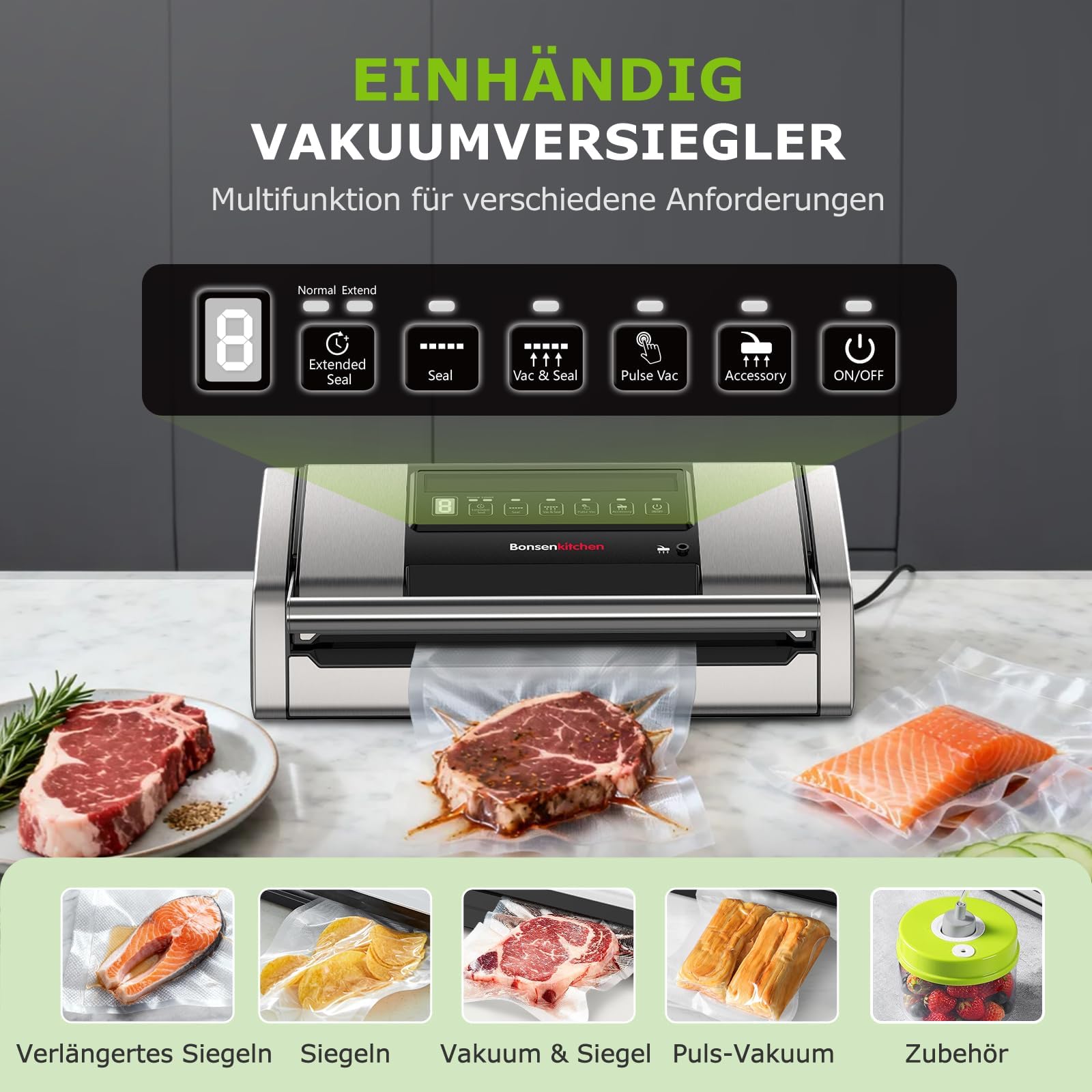 Bonsenkitchen Vakuumiergerät VS5100 15 L/min, Vakuumierer mit Beutelclip, Griffverriegelung, Schneider, für Sous-Vide-Garen