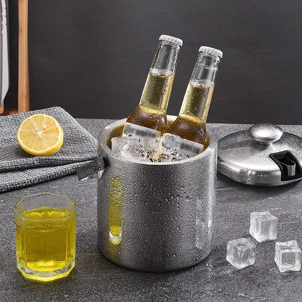 Cubitera de Acero Inoxidable de Doble Capa con Aislamiento, Redonda, pequeña, con asa, Pinzas y Tapa, 1,3 l