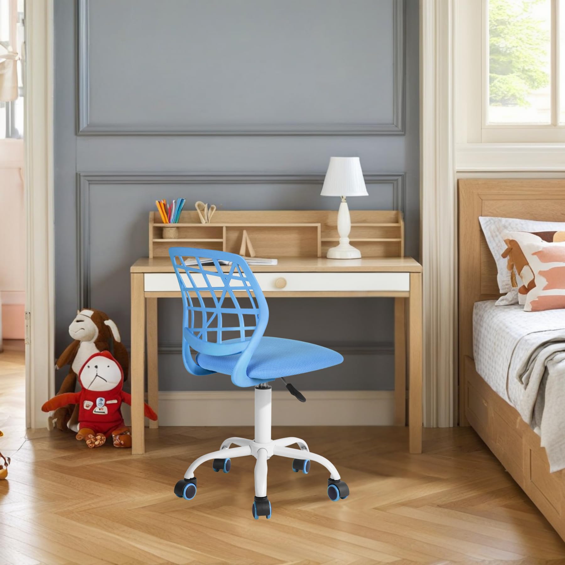 FurnitureR Sedia da scrivania colorata, design moderno regolabile, sedia per computer, sedia girevole senza braccio, cameretta dei bambini, casa ufficio task chair, blu