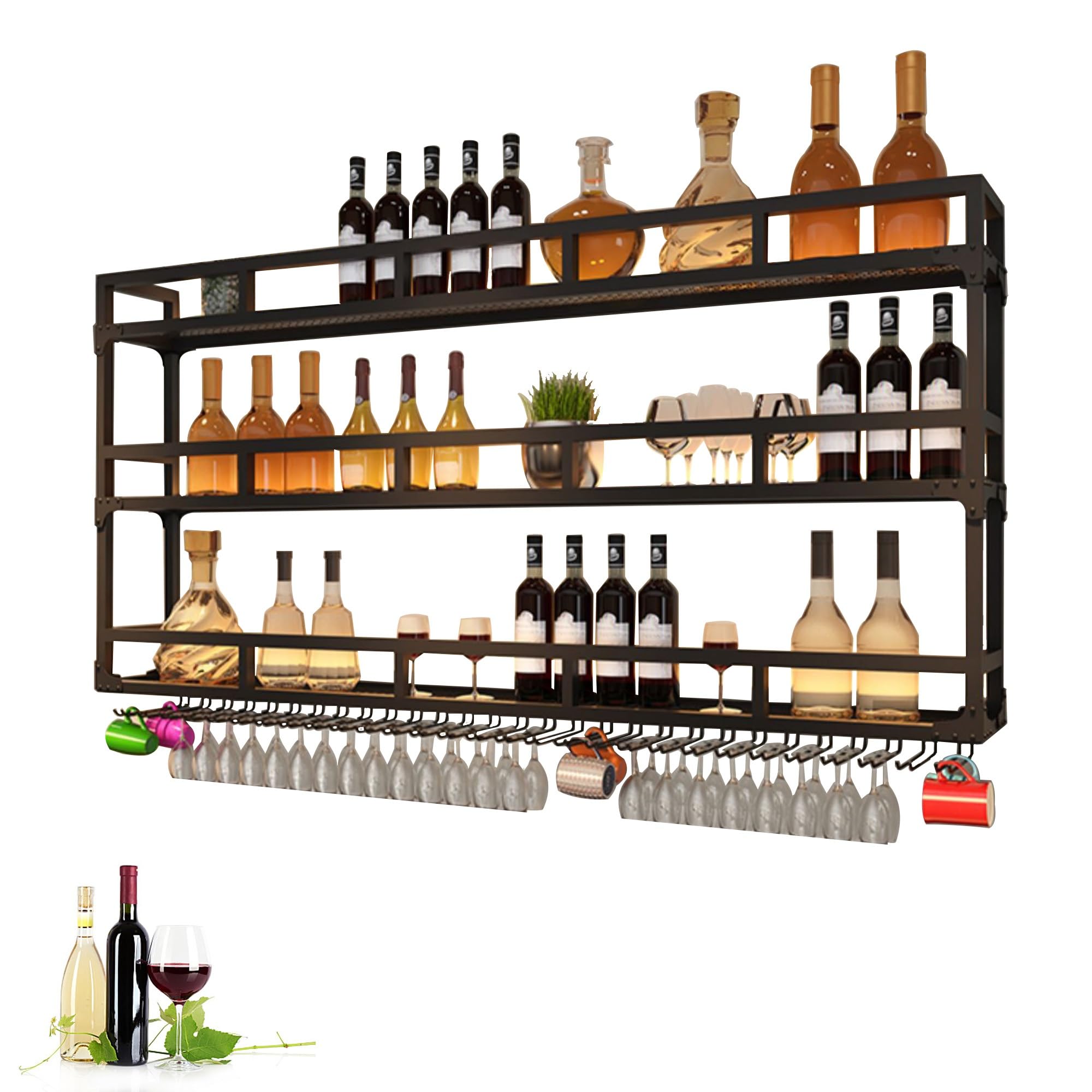 Botellero Vino de Pared Mueble Bar Garrafeira de Vino Wine Rack Estanterias Colgantes con Soporte Copas Colgante y Luz LED para Salon Barra para Bar Mini Bar para Casa Sala de Estar y Cocina(Nero,150c