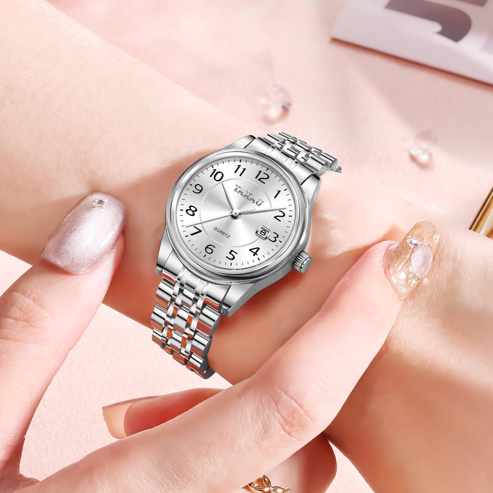 Taxau Armbanduhr Damen Edelstahl, Kleine Damenuhr mit Arabischen Ziffern, Quarzuhr Damen mit Datum, Easy Read Zifferblatt, 3 Bar Wasserdicht, Elegante Uhr für Frauen