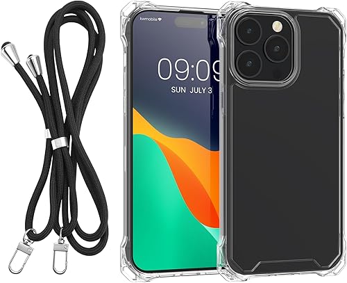 kwmobile Funda cruzada compatible con Apple iPhone 14 Pro Max, funda de policarbonato y TPU con correa, transparentenegro