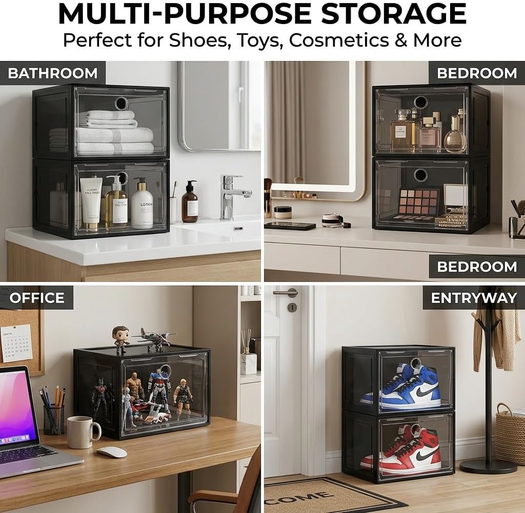 Large Shoe Boxes Clear Plastic Stackable, 8 Pack Drop Side Shoe Storage Organizer with Magnetic Door, Shoe Container Sneaker Storage Display Case Fit up to US Size 13 Black