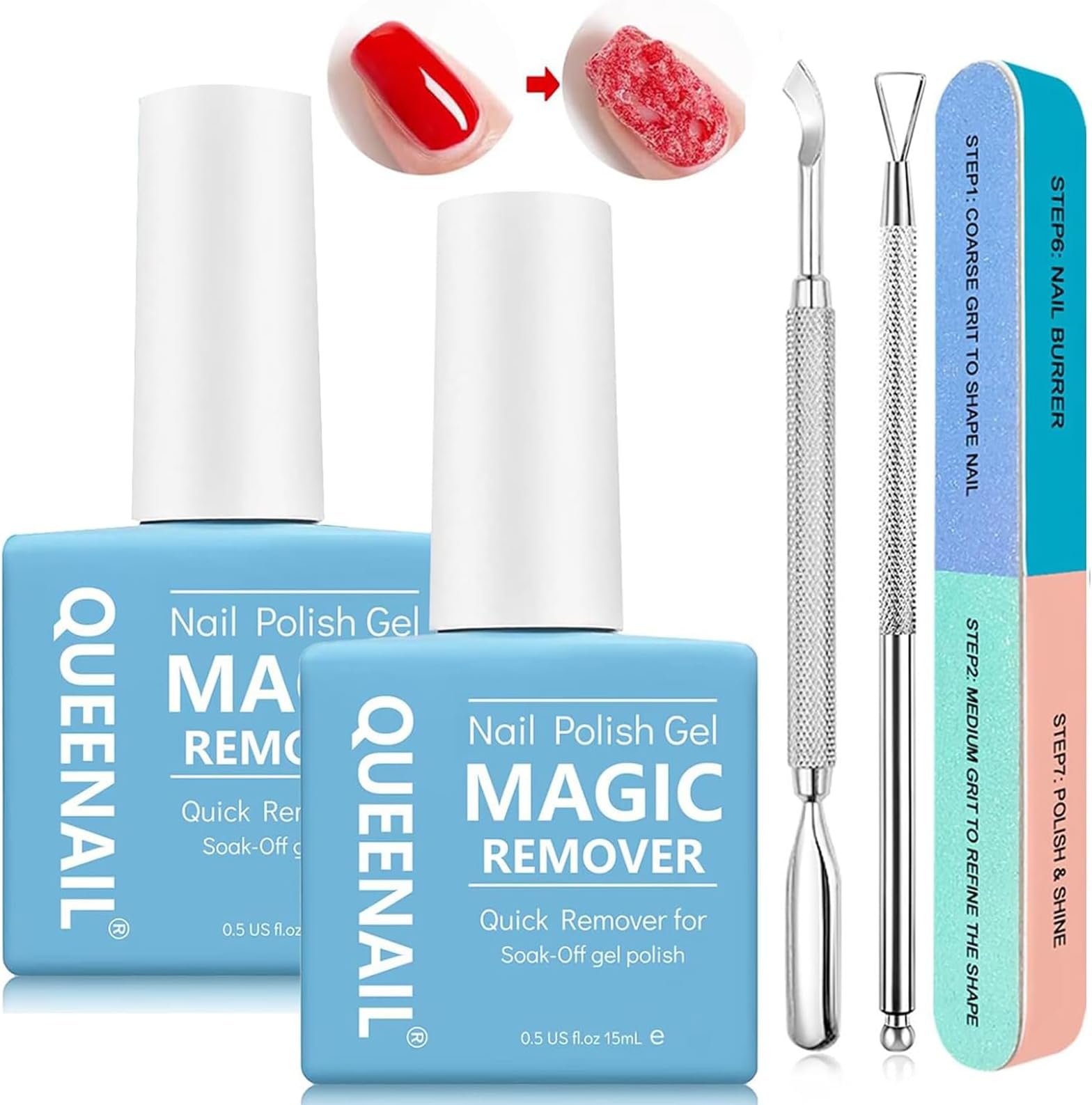 2 Pieces 15ml Gel Nail Polish Remove, Gel Nail Polish Remover For Nail Art with 2 Gel Polish Scraper & 1 Nail File, Easily & Quickly Remove Nail Polish Peel off in 3-5 minutes
