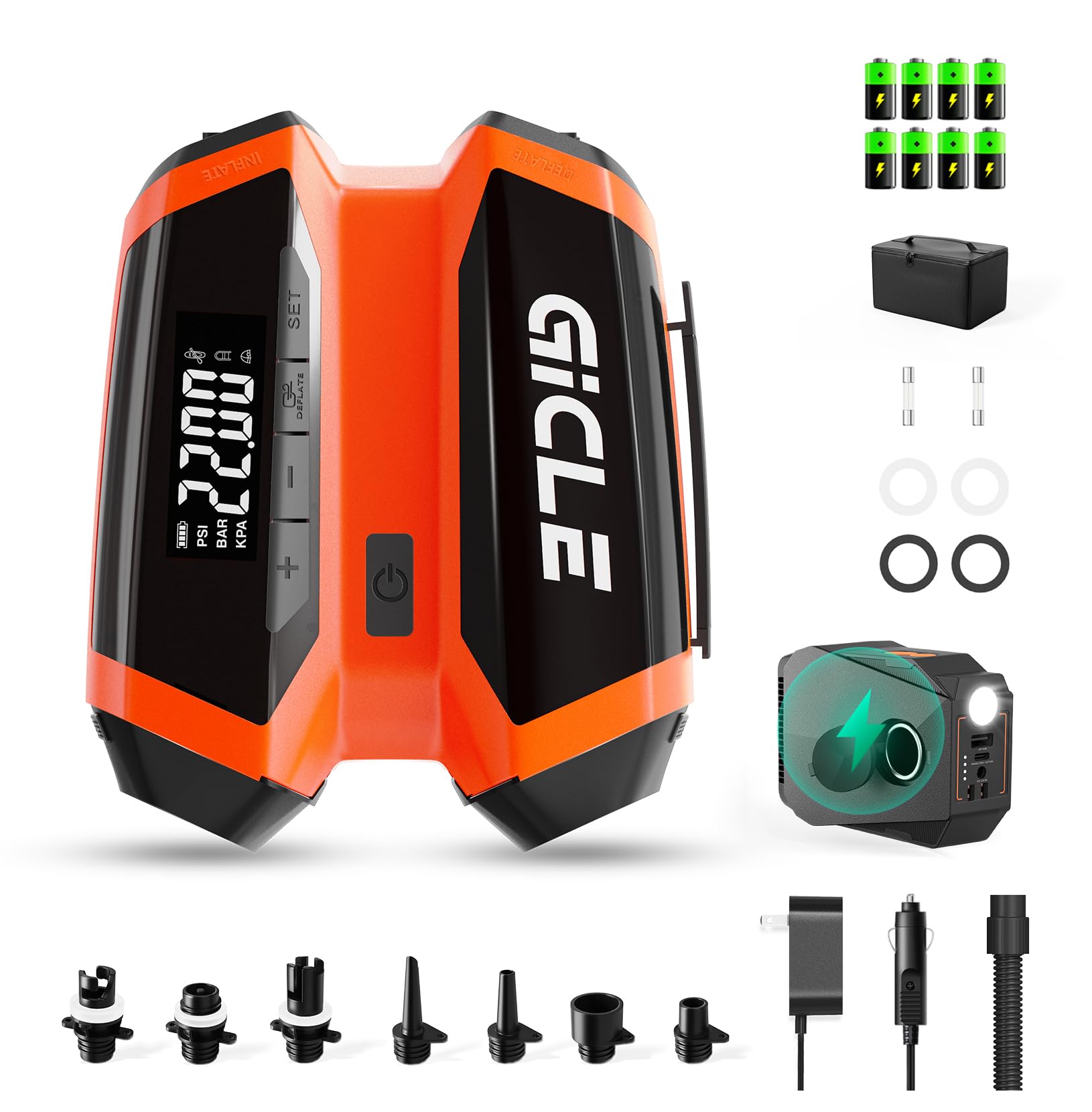 GICLE 51.2Wh Paddle Board SUP Pump Rechargeable, 22PSI Removable Battery for 4 SUPs, Dual Stage Inflation&Auto-Off Deflation, DC 12V /Type-C Input, 7 Nozzles for Inflatables