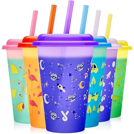 Meoky Color Changing Cups with Lids and Straws - 6 Pack 12 oz Plastic Tumblers with Lids and Straws Bulk, Kids Cups with Straws and Lids for Girls Boys Party Smoothie, Reusable Cute Cups (Childhood)