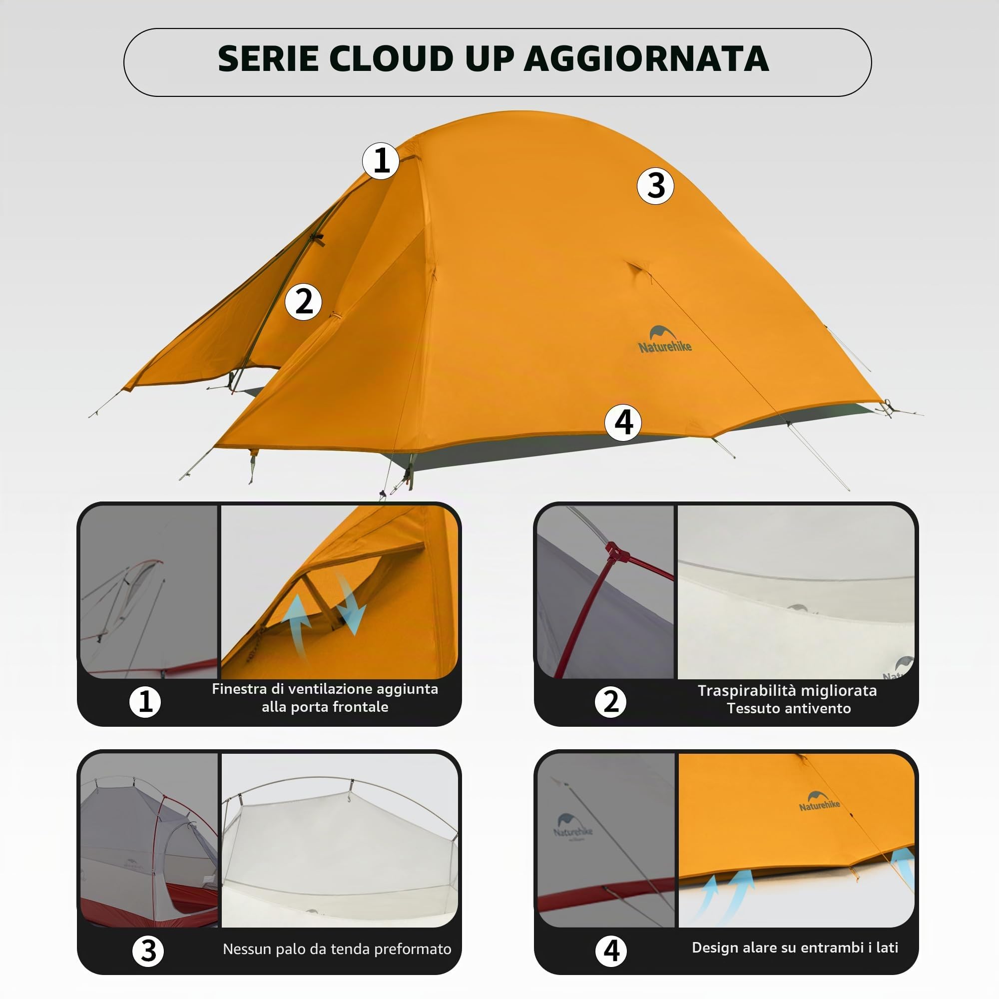 Naturehike Cloud Up Base - Tenda da campeggio impermeabile leggera per 2 persone per il campeggio, tenda da campeggio a doppio strato per due persone con impronta (Cloud Up Pro (arancione - poliestere