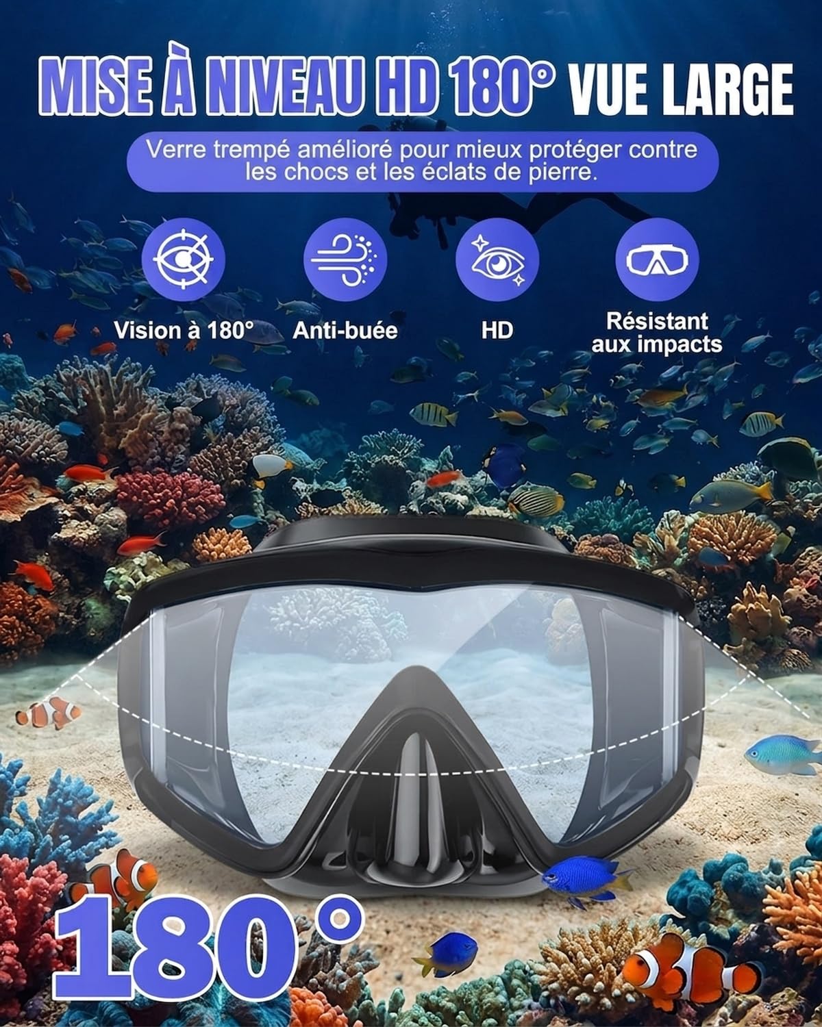 Masque de Plongée avec Vision Panoramique 180°,Masque Tuba Adulte Anti-Buée et Anti-Fuite avec Verre Trempé HD, Lunette Tuba Snorkeling RéGlable pour Natation, Plongée et Apnée