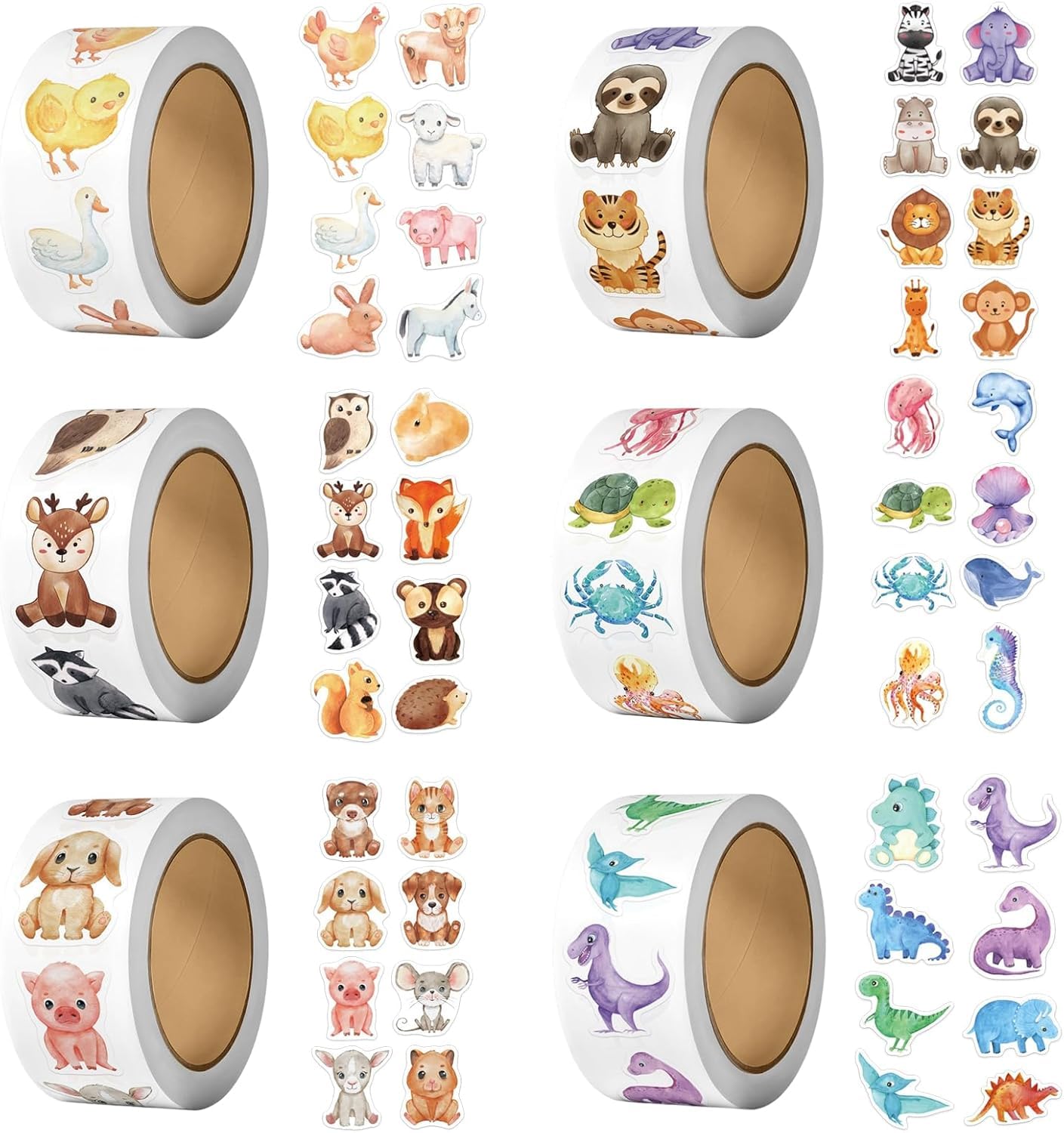 3000 Pieces Animal Stickers 6 Rolls Cute Reward Stickers for Children