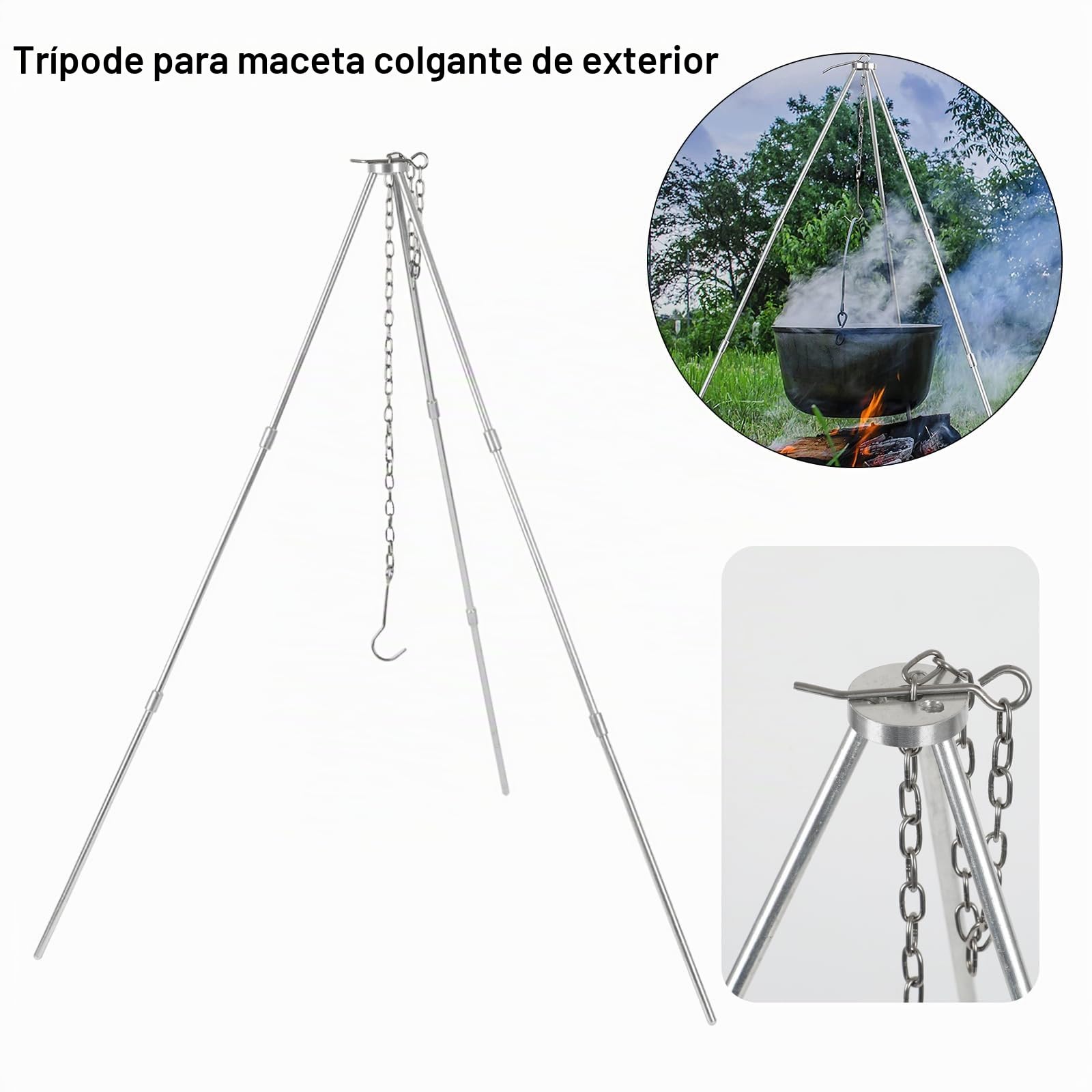Estructuras telescópicas para barbacoa de tres patas, trípode para barbacoa, juego de trípode plegable para fogatas, parrilla para camping, barbacoa colgante, trípode de camping con cadena y gancho