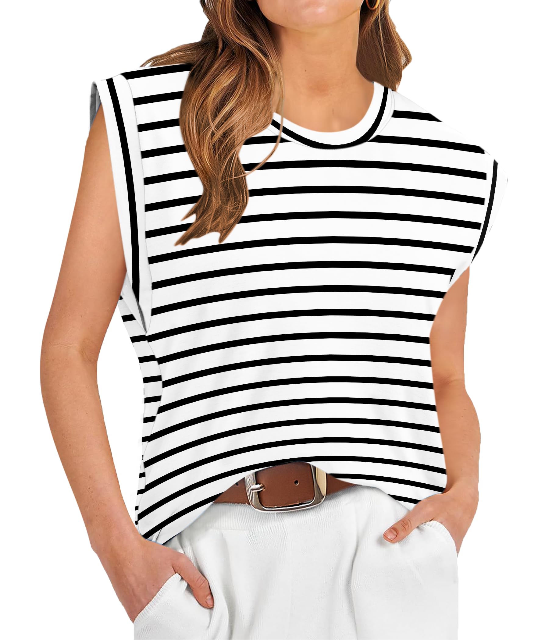 WNEEDU Womens Summer Tank Tops Crew Neck Cap Sleeve T-Shirts Casual Loose Fit Basic Tops 2025 Trendy Blouses