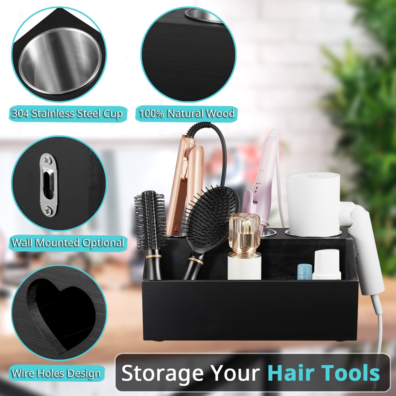 Bivvclaz Organizador de herramientas de madera para el cabello, soporte de pared para secador de pelo, organizador de herramientas calientes para encimera para accesorios de peinado, suministros de