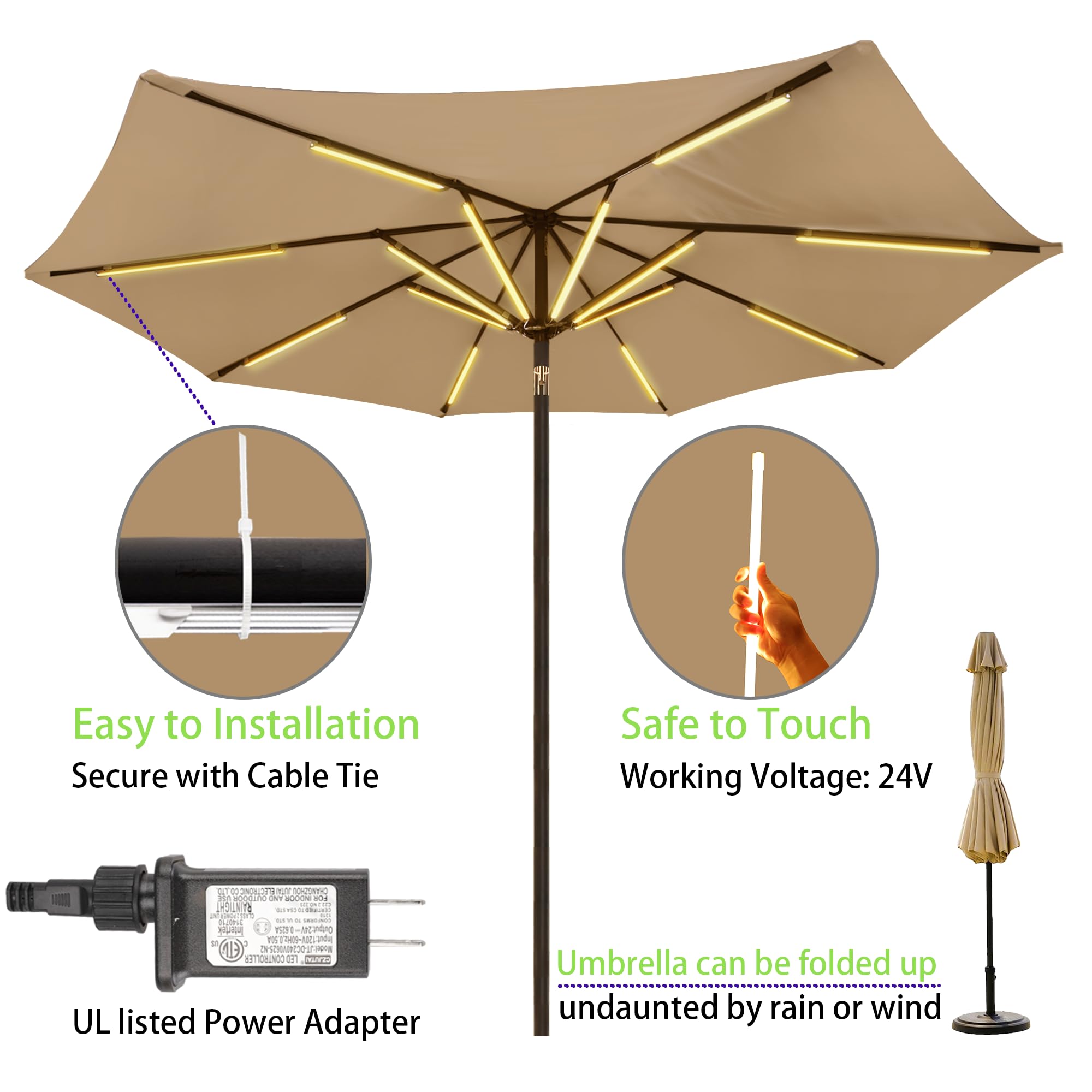 Luci per ombrelloni da esterni, 1000 lumen, 15 W, LED bianco caldo, impermeabili, con timer dimmerabile, luce per ombrellone da patio, illuminazione decorativa ALL FORTUNE