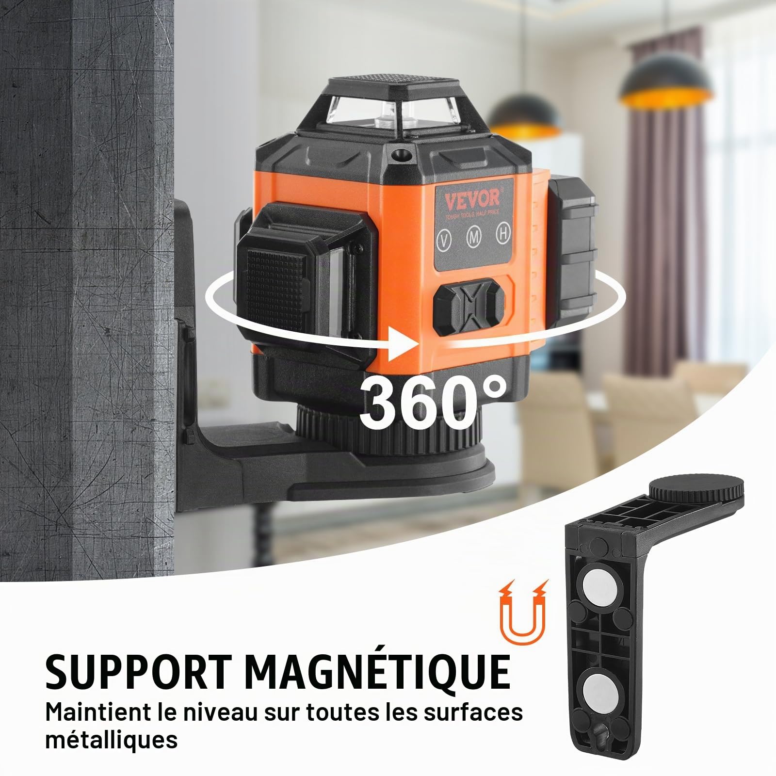 VEVOR Niveau Laser 30 m Niveau Laser 360° x 3 Ligne Croisée Verte Mode Autonivelant Manuel Longueur d'Onde Laser 520 nm ± 10 nm Précision de 0,28 cm à 10 m 8 h de Travail Continu avec Batterie Support