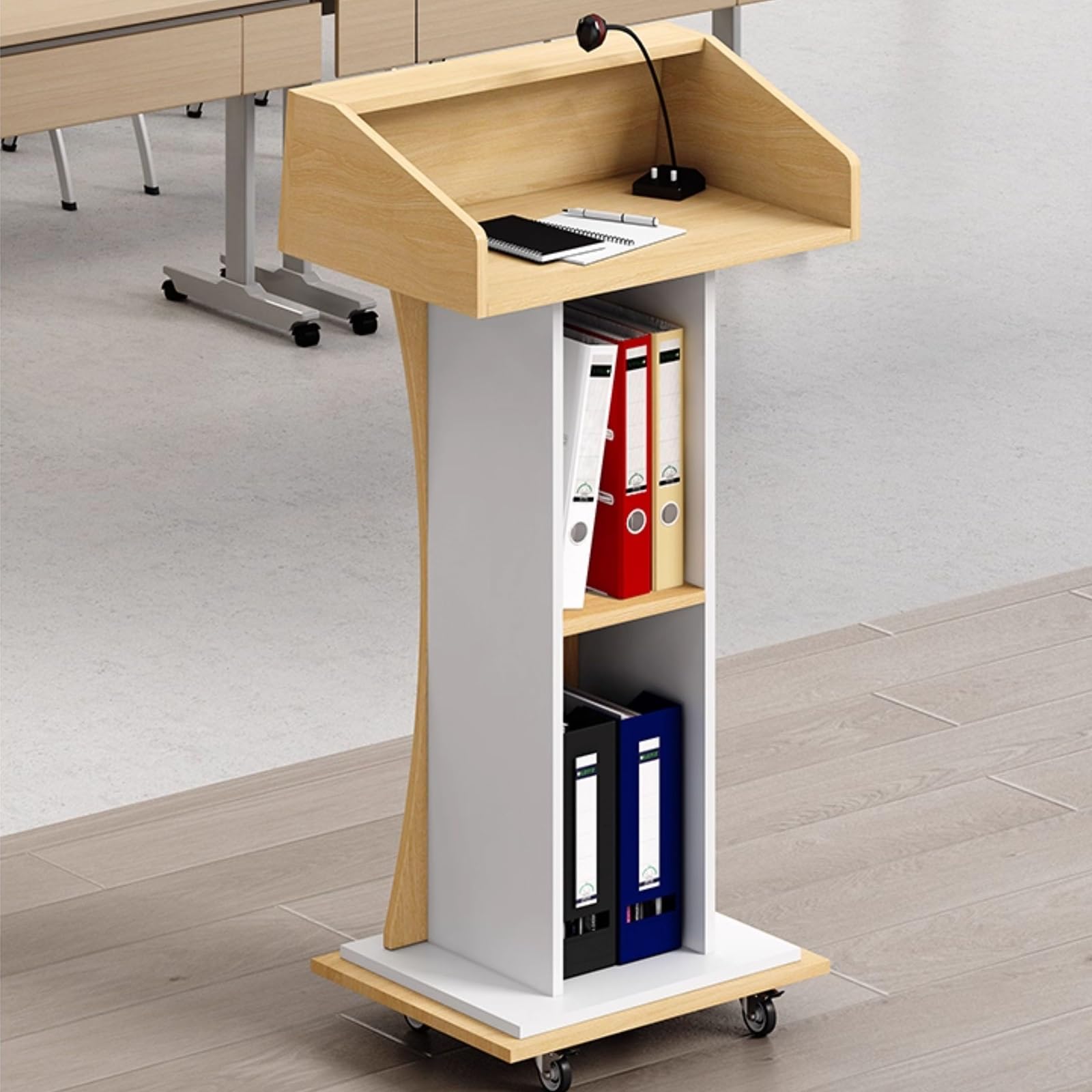 Comptoir de Réception en Bois Pupitre de Bureau Podium de Conférence Panneaux Épais de 16mm Étagères de Rangement à Deux Niveaux à Hauteur Réglable roulettes Pivotantes Verrouillables(Gray)